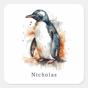 Sonnenuntergangs-Töne Wasserfarben Pinguin, indivi Quadratischer Aufkleber