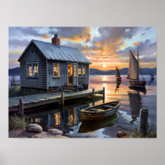 Sonnenuntergangs-Trost: Hütte am See Poster