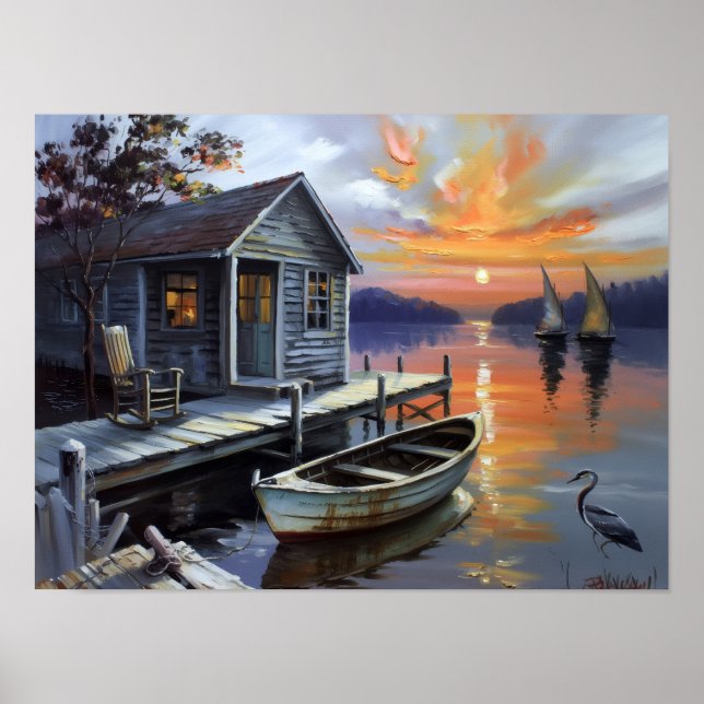 Sonnenuntergangs-Trost: Hütte am See Poster (Vorne)