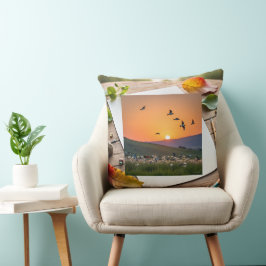 Sonnenuntergangs-Vogeldarstellung auf Zeichenblatt Kissen