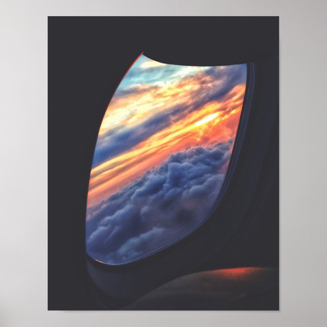 Sonnenuntergangsansicht von einem Flugzeug-Fenster Poster (Vorne)
