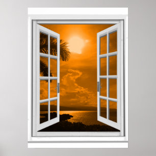 Sonnenuntergangsblick Trompe l'oeil Falsches Fenst Poster
