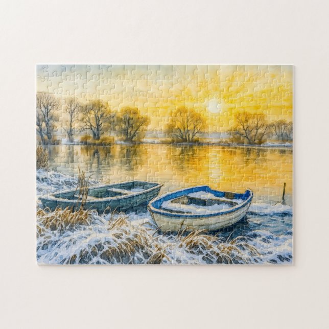 Sonnenuntergangsboote am Flussufer Aquarell Havell (Horizontal)