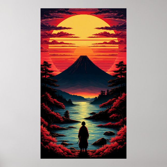 Sonnenuntergangsfluss mit Vulkan Poster (Vorne)