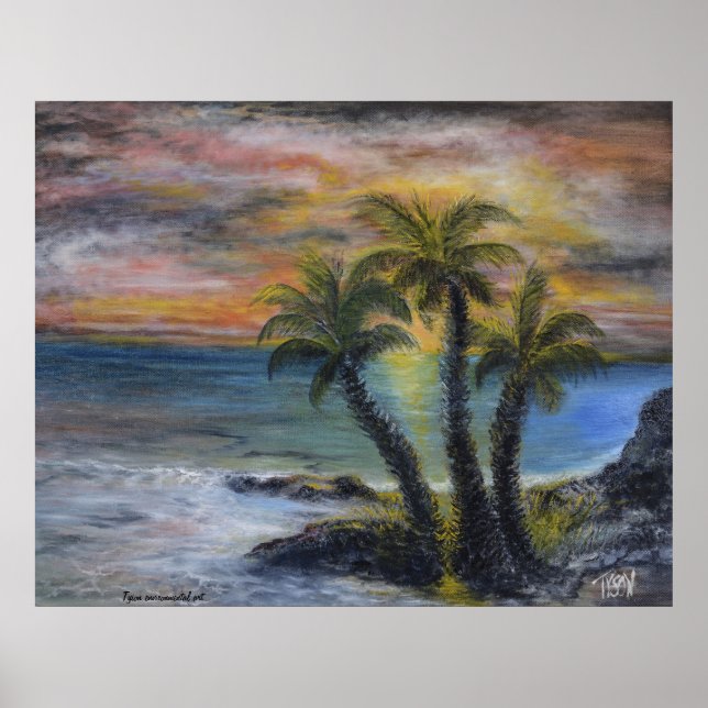 Sonnenuntergangsmalerei mit Palmen Poster (Vorne)