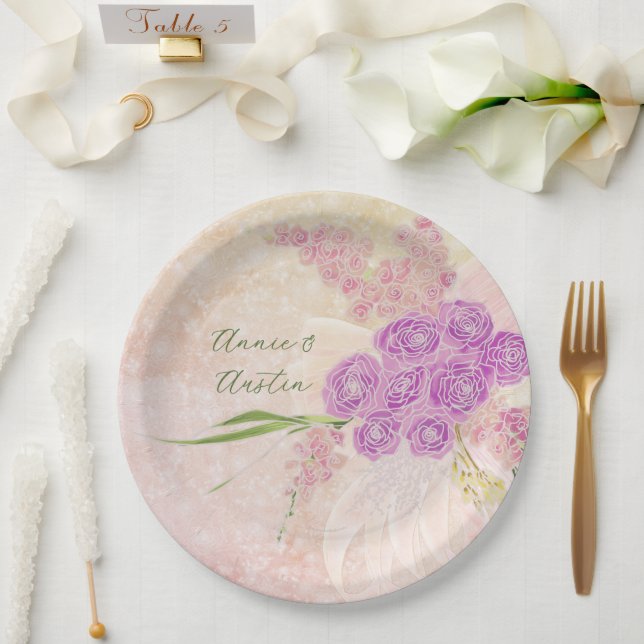 Sonnenuntergangsrose handbemalt  Blush-Bogen-Blume Pappteller (Hochzeit)