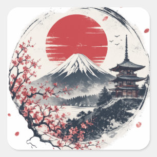 Sonnenuntergangsserenität am Berg Fuji – Japanisch Quadratischer Aufkleber