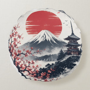 Sonnenuntergangsserenität am Berg Fuji – Japanisch Rundes Kissen
