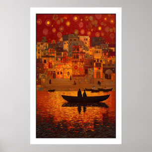 Sonnenuntergangswandkunst Bohemian Fluss Szene - W Poster