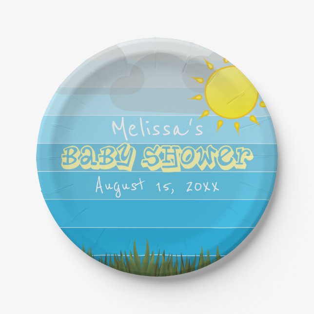 Sonnenwolken und Gras auf Blue Stripes Babydusche Pappteller (Vorderseite)