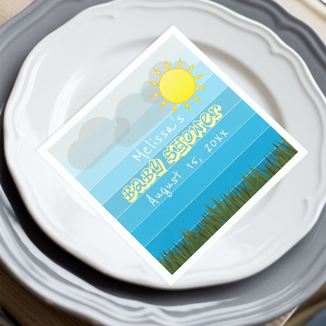 Sonnenwolken und Gras auf Blue Stripes Babydusche Serviette (Von Creator hochgeladen)