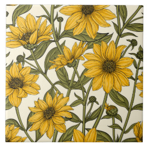 Sonnenwurzel, wilde Sonnenblumen auf weißem Grund Fliese