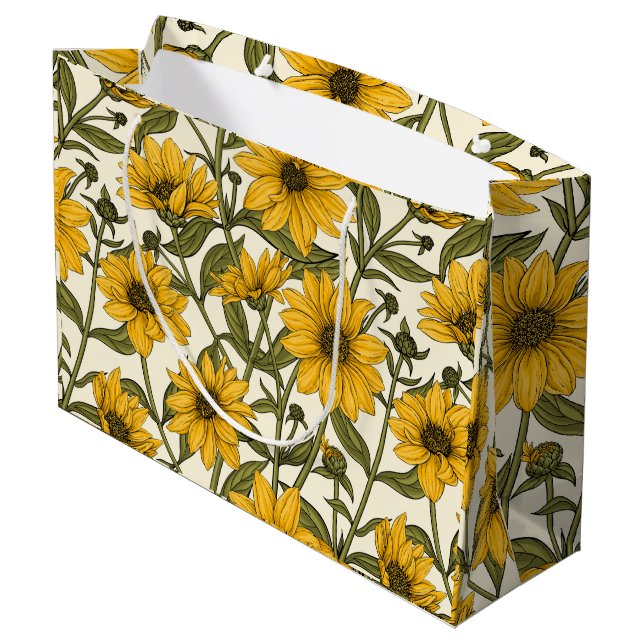 Sonnenwurzel, wilde Sonnenblumen auf weißem Grund Große Geschenktüte (Rückseite Schrägansicht)