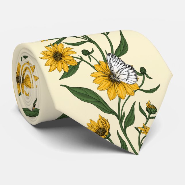 Sonnenwurzelblumenstreifen auf weißem Boden Krawatte (Gerollt)