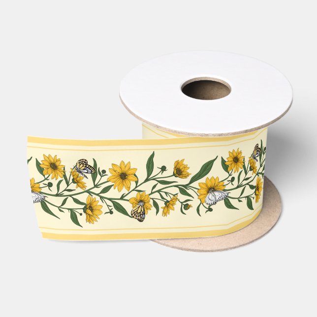 Sonnenwurzelblumenstreifen auf weißem Boden Satinband (Spule)
