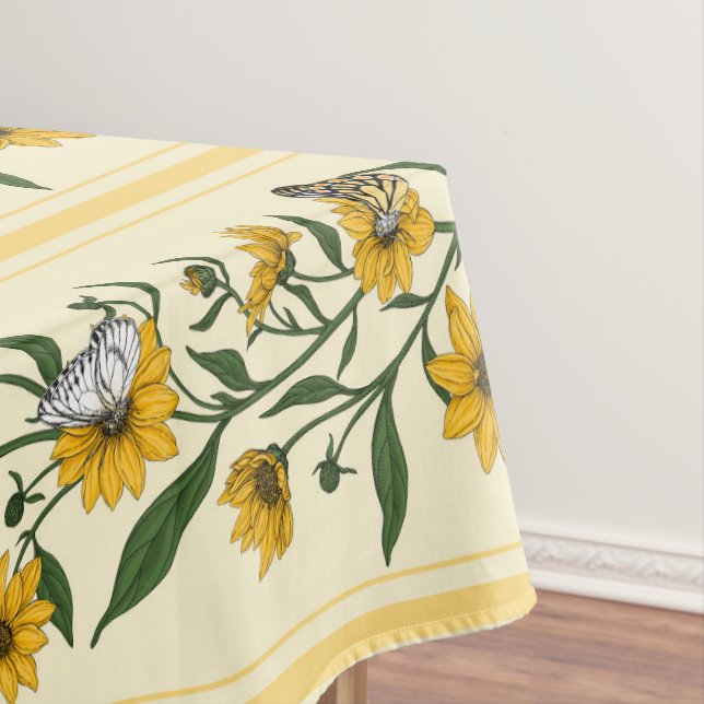 Sonnenwurzelblumenstreifen auf weißem Boden Tischdecke (Beispiel)