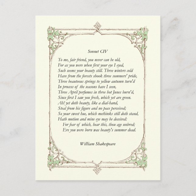 Sonnet # 104 von William Shakespeare Postkarte (Vorderseite)