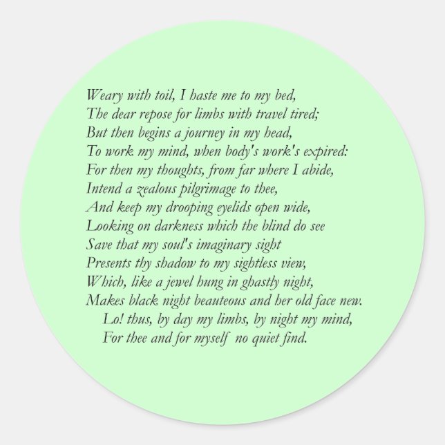 Sonnet # 27 von William Shakespeare Runder Aufkleber (Vorderseite)