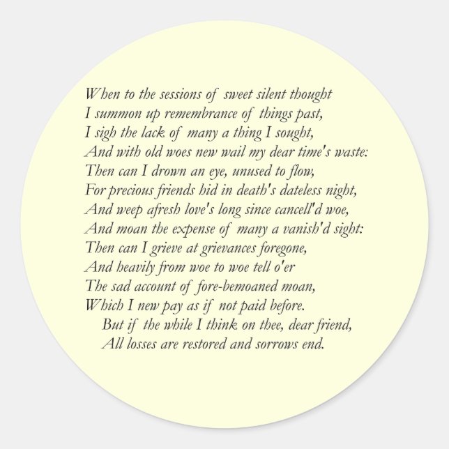 Sonnet # 30 von William Shakespeare Runder Aufkleber (Vorderseite)