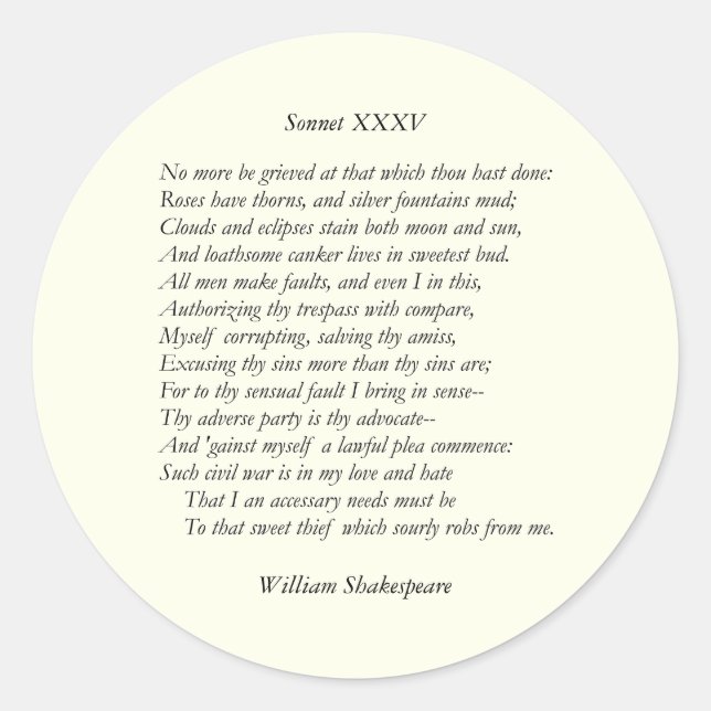 Sonnet # 35 von William Shakespeare Runder Aufkleber (Vorderseite)