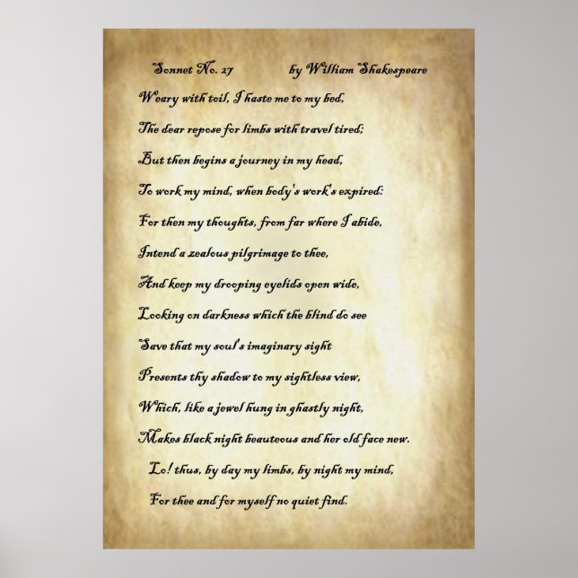 Sonnet Nr. 27 von William Shakespeare Poster (Vorne)