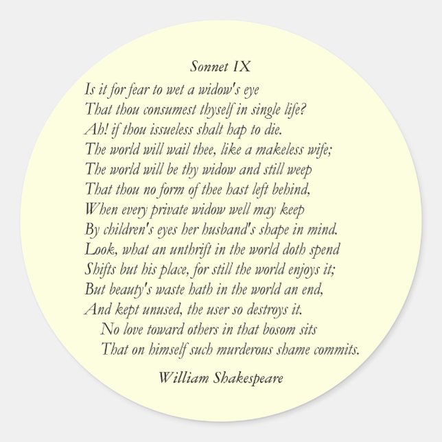 Sonnet Nr. 9 von William Shakespeare Runder Aufkleber (Vorderseite)