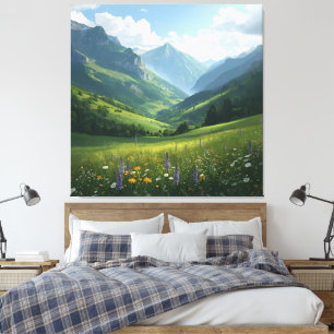 Sonnige Alp Wiese - Landschaftliche Berglandschaft Leinwanddruck