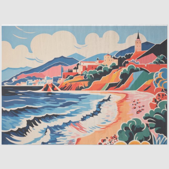 Sonnige Beach Szene Alte Stadt, Berge, Meer Seidenpapier (Vorderseite)