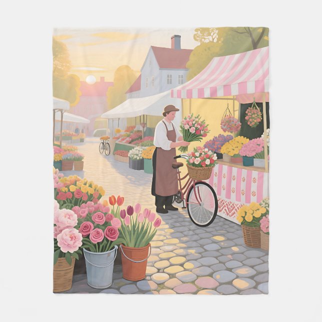 Sonnige Blumenstraßenszene Fleecedecke (Vorderseite)