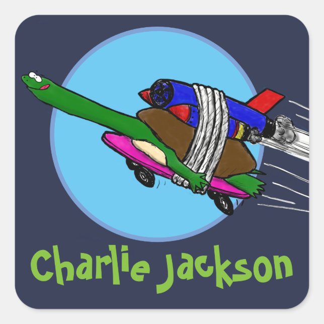 Sonnige Flugtortouren auf Skateboard Cartoon Quadratischer Aufkleber (Vorderseite)