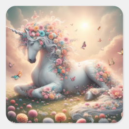 Sonnige Frühlingsblumen Unicorn Quadratischer Aufkleber