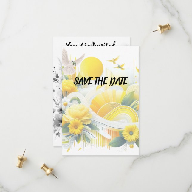 Sonnige Fusion: Gelbe und Limon lebendige Designs Save The Date (Vorderseite/Rückseite Beispiel)