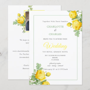 Sonnige Gelbe Rosen Blumen Elegantes Foto Hochzeit Einladung