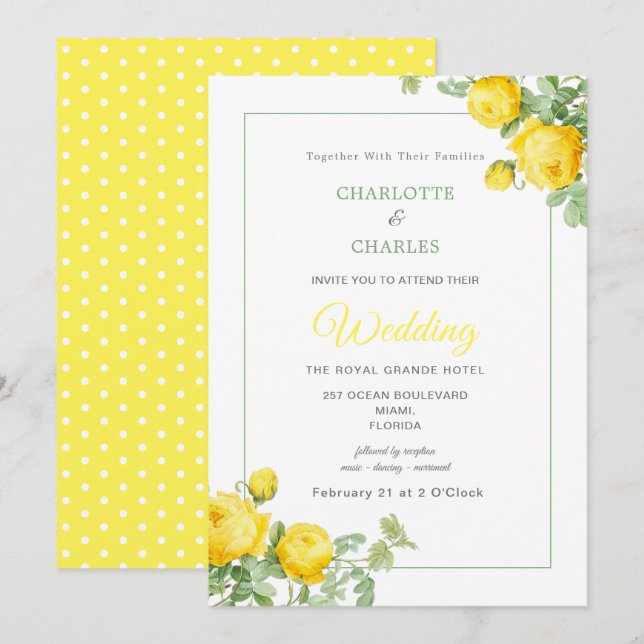 Sonnige Gelbe Rosen Elegante Hochzeit der Blumen Einladung (Vorne/Hinten)