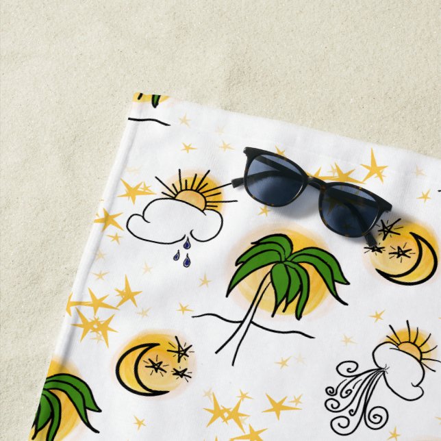 Sonnige Gelbe Sonnen, Sterne und Mond mit grüner P Strandtuch (Beispiel)