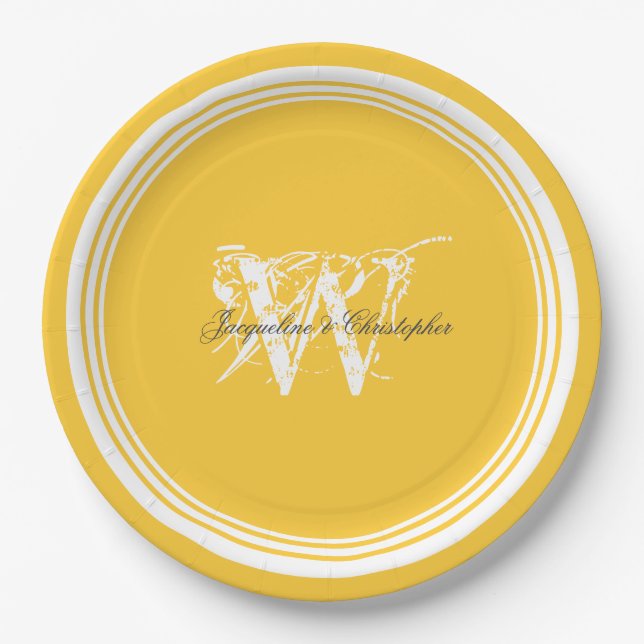 Sonnige, gelbe und weiße, elegante Monogramm-Hochz Pappteller (Vorderseite)