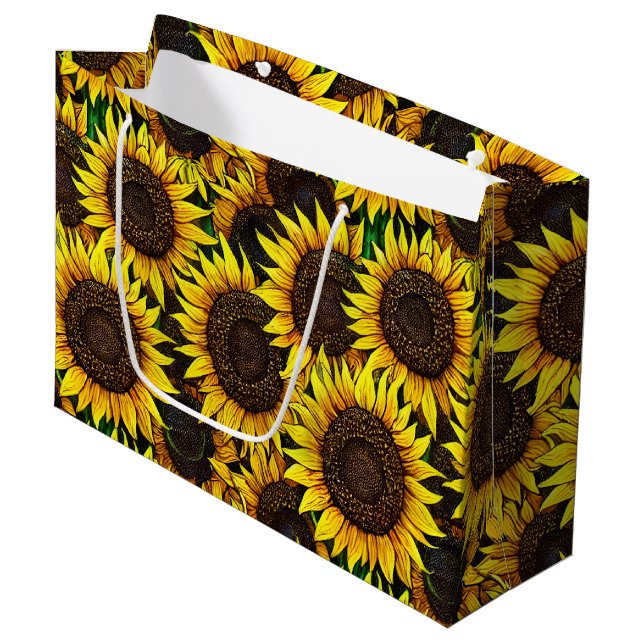 Sonnige große Sonnenblumenmuster Große Geschenktüte (Vorderseite Schrägansicht)