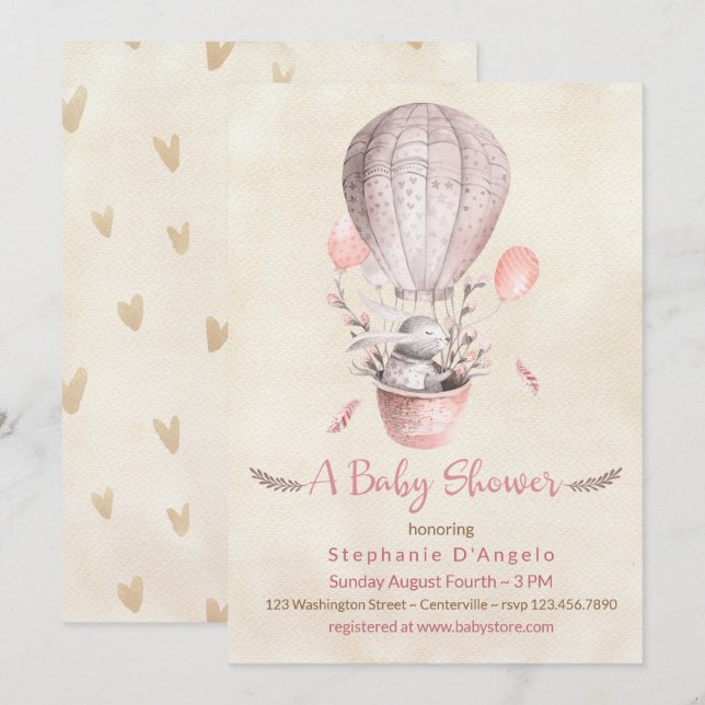 Sonnige in Pink Hot Air Ballon Babydusche Einladung (Vorne/Hinten)