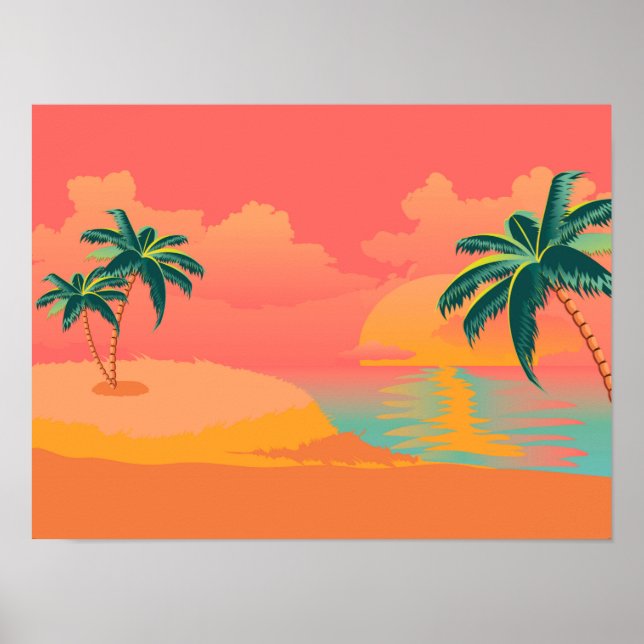 Sonnige Insel mit Palmen bei Sonnenaufgang Poster (Vorne)