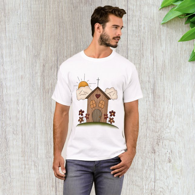 Sonnige Kirche mit Blume Rustikales Landhaus T-Shirt (Von Creator hochgeladen)