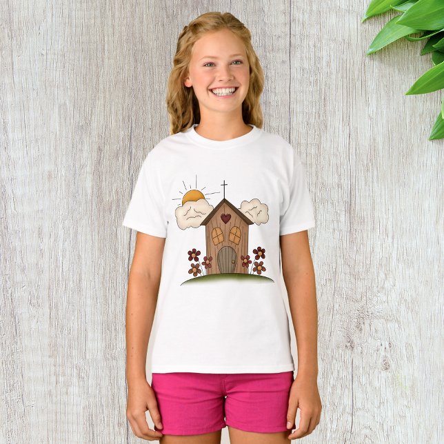 Sonnige Kirche mit Blume Rustikales Landhaus T-Shirt (Von Creator hochgeladen)