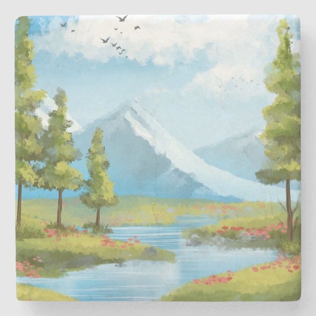 Sonnige Landschaft mit Bergen Steinuntersetzer (Vorderseite)