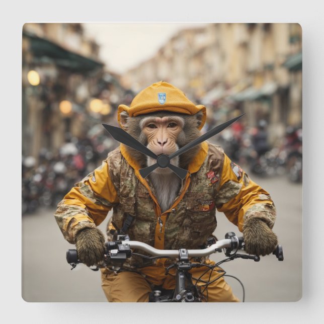 Sonnige Monkey-Fahrradhalle Quadratische Wanduhr (Vorderseite)
