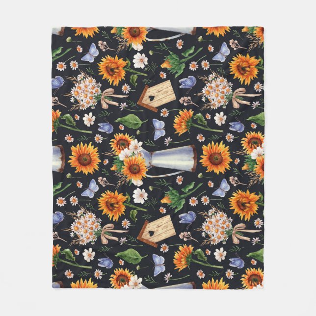 Sonnige Rustikale Wasserfarbe Muster Sonnenblumen Fleecedecke (Vorderseite)