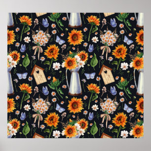 Sonnige Rustikale Wasserfarbe Muster Sonnenblumen Poster