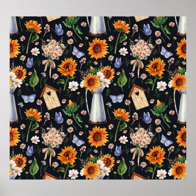 Sonnige Rustikale Wasserfarbe Muster Sonnenblumen Poster (Vorne)