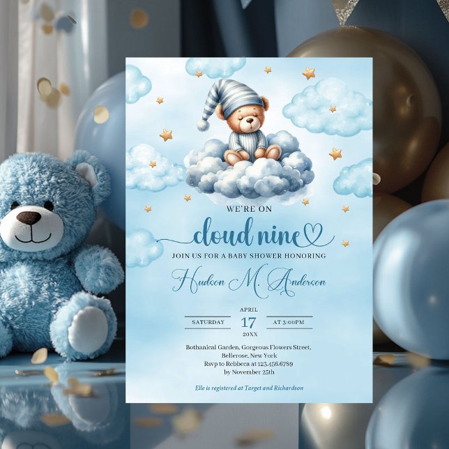 Sonnige schlafende Teddy-Wolke neun Baby-Dusche Einladung (blue and gold we're on cloud nine boy baby shower invitation)