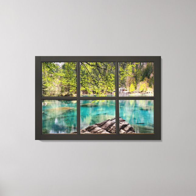Sonnige Seenlandschaft Schwarzes Fake Illusion Leinwanddruck (Vorderseite)