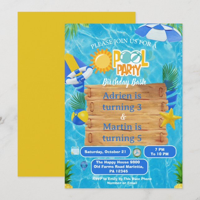 Sonnige Splash Joint Poolparty für Kinder  Einladung (Vorne/Hinten)