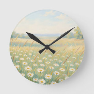 Sonnige weiße Gänseblümchen-Wiese Wildblumenfeld Runde Wanduhr